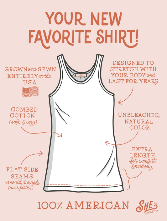 American tank top infographic with features and benefits: made in USA, unbleached combed ring-spun cotton, extra length.