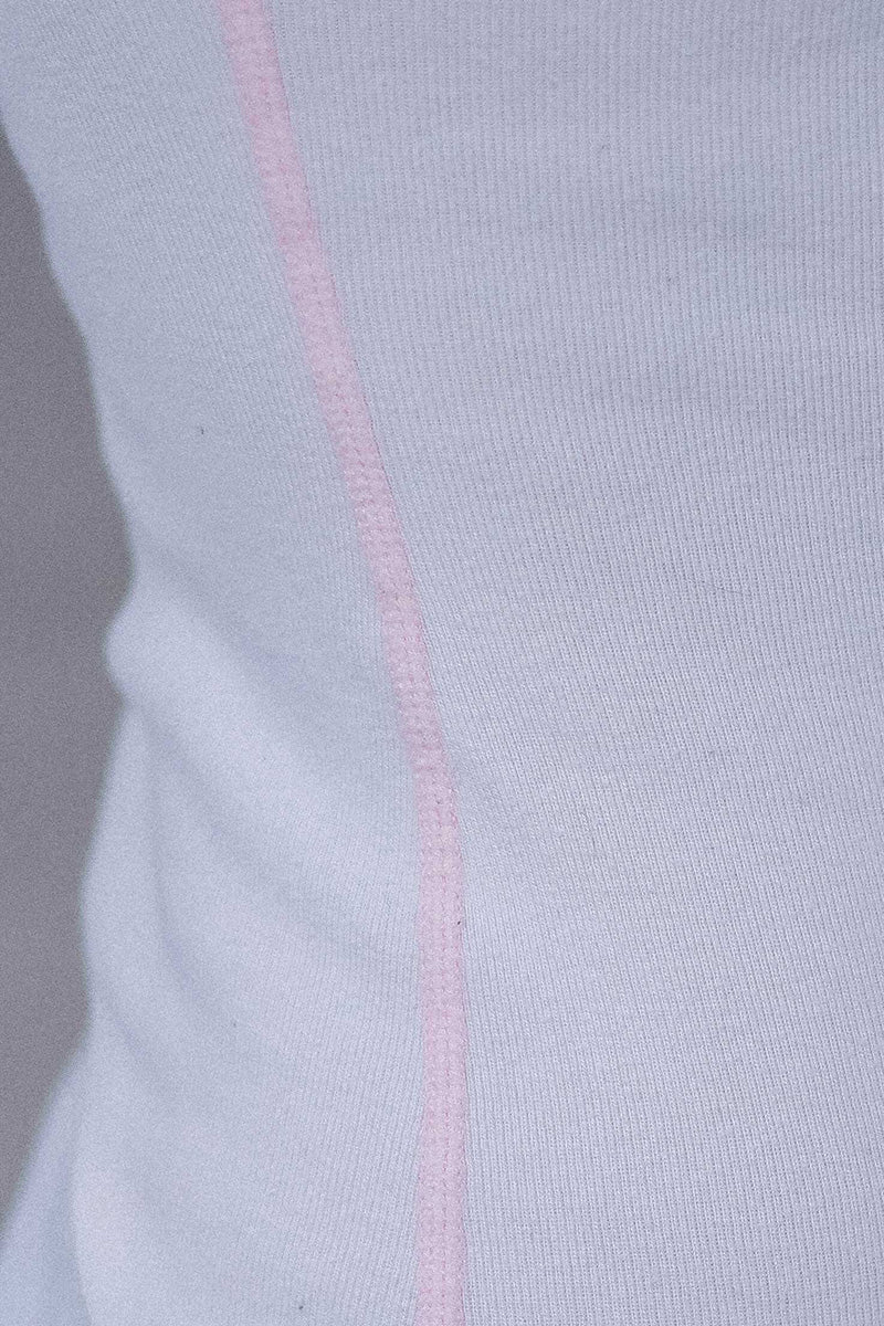 Detailed view of flat pink side seam on American cotton tank.